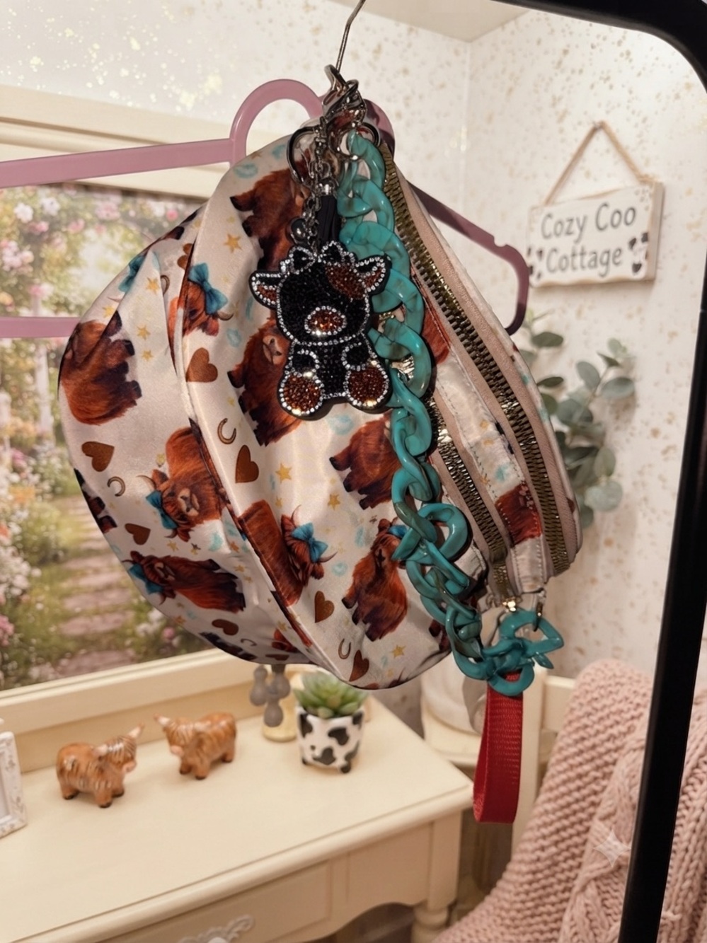 Cute Brown Horse Print Crossbody Bumbag with Teal Chain Accent